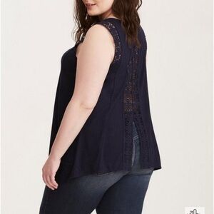 Torrid 1 Womens Blue Crochet Trim Split Back Tank Top
